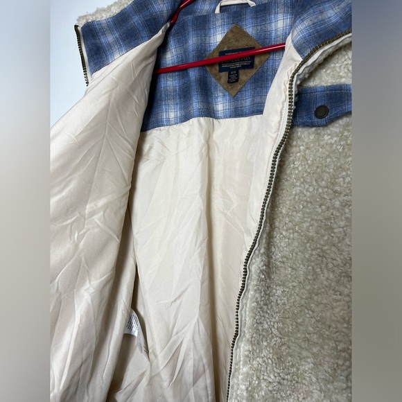 PENDLETON WOOLEN MILLS WOMENS SHERPA CREAM & BLUE PLAID FULL ZIP JACKET M - Picture 4 of 12